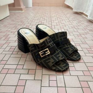 Fendi Black and Brown Logo Mule Heel